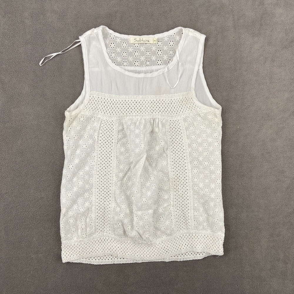 Solitaire Tank Top Womens Small White Embroidered Detail Round Neck‎ Cotton